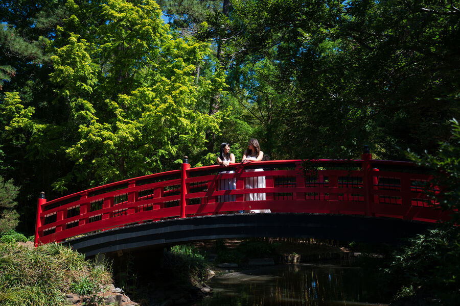 A red arched footbridge over a pond in Duke Gardens, with two people leaning on the rail